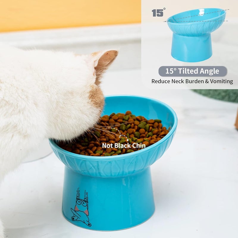 OMAYKEY 6.5 Inch Extra Wide Ceramic Raised Cat Bowls, Porcelain Tilted Elevated Cat Food Water Bowl Dish, Stress Free Pet Feeder Bowls Dishes for Elder Big Cats & Small Dogs, White & Blue - Image 2